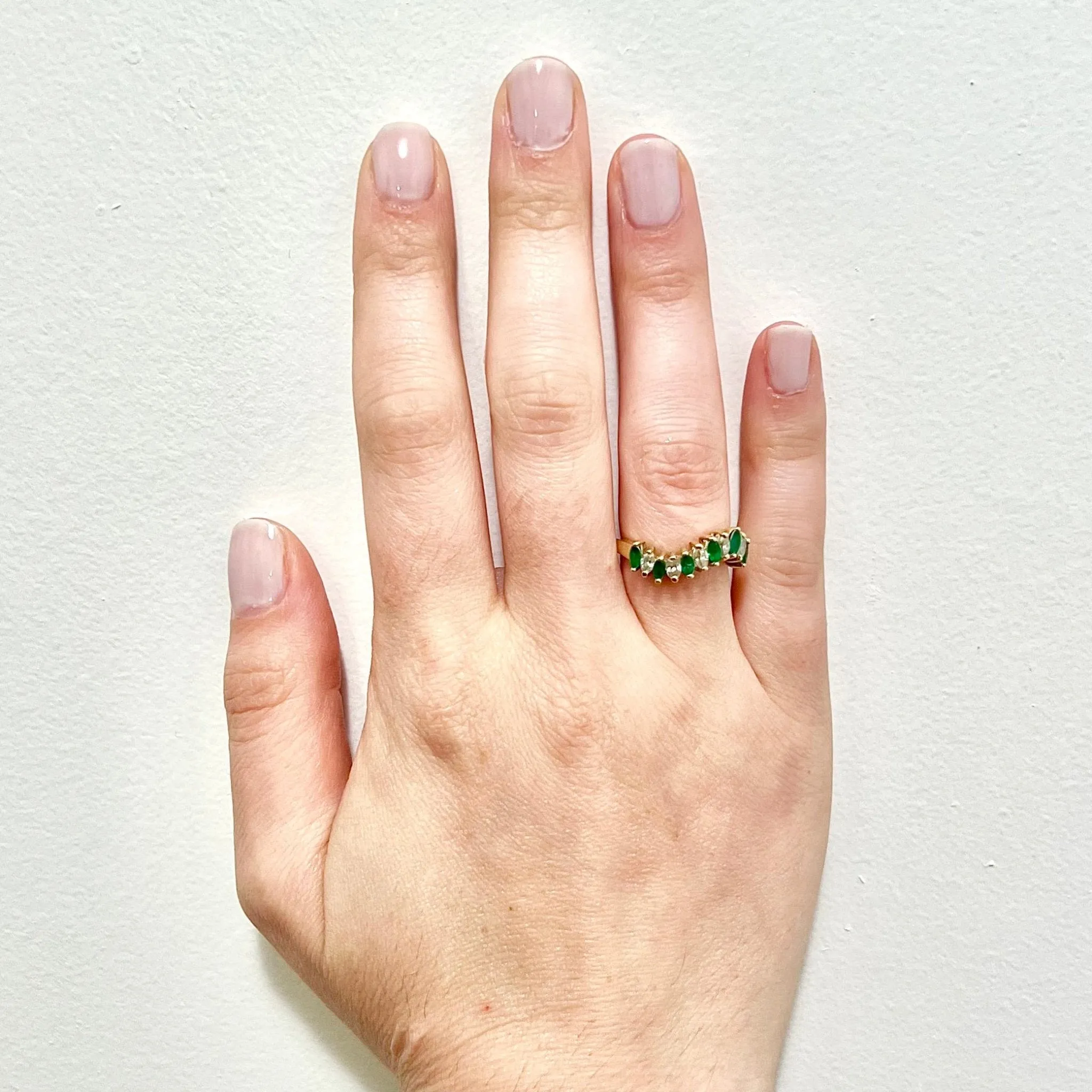 Vintage 14 Karat Yellow Gold Diamond & Natural Emerald Band Ring
