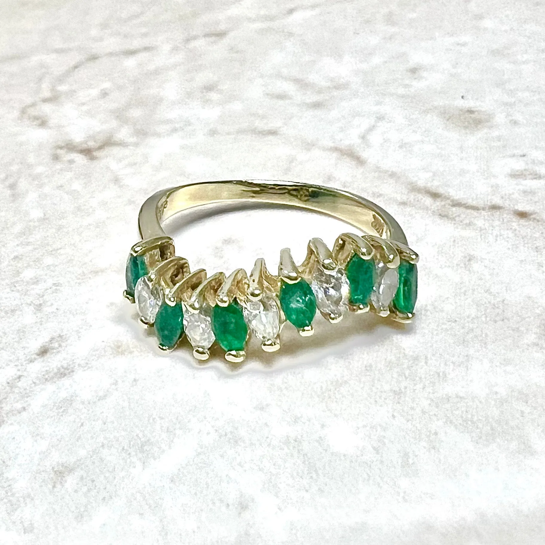 Vintage 14 Karat Yellow Gold Diamond & Natural Emerald Band Ring