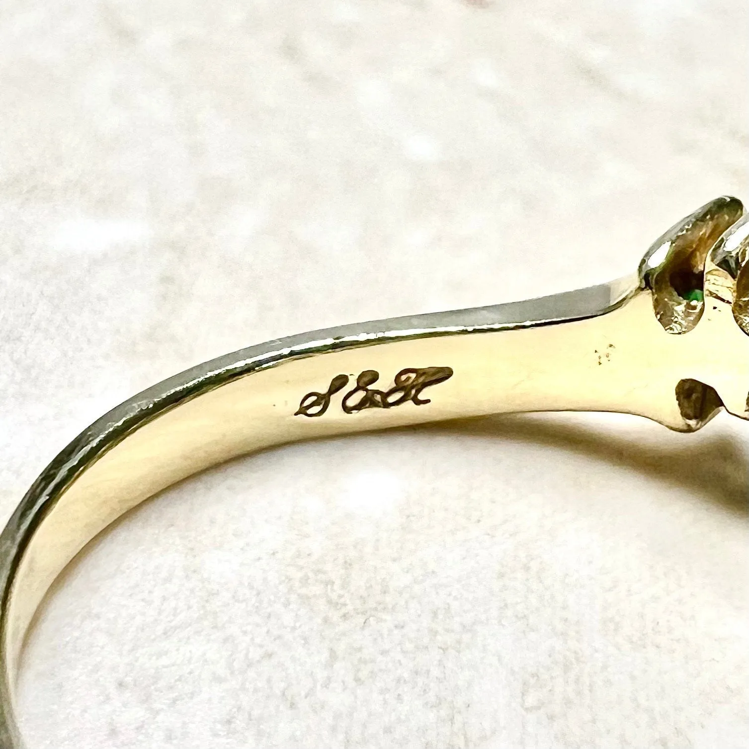 Vintage 14 Karat Yellow Gold Diamond & Natural Emerald Band Ring