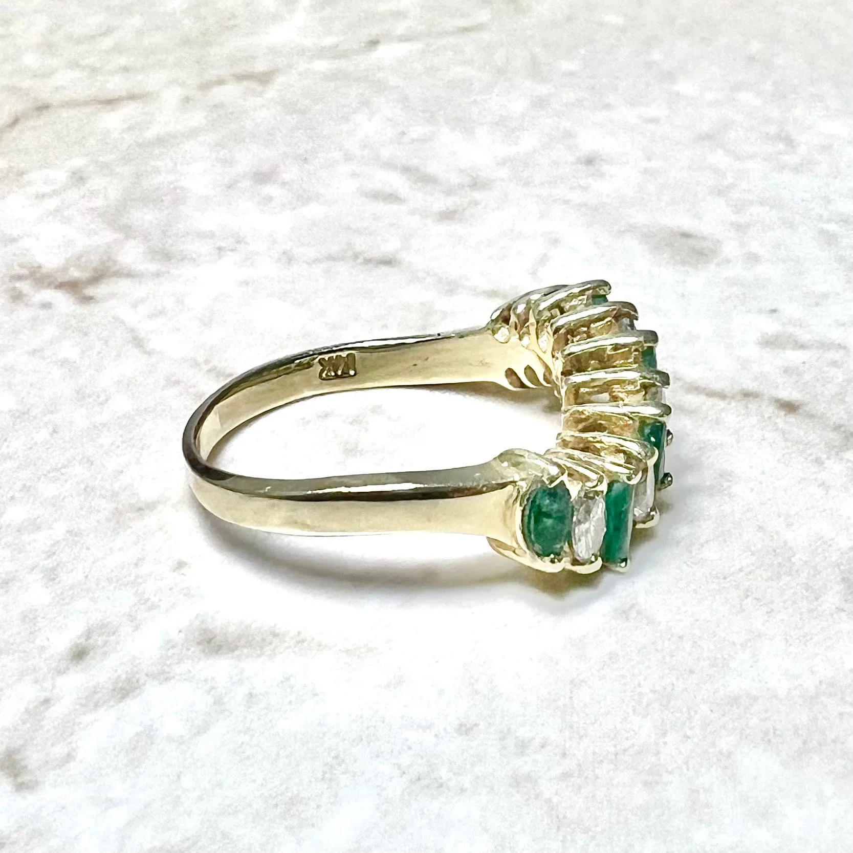 Vintage 14 Karat Yellow Gold Diamond & Natural Emerald Band Ring