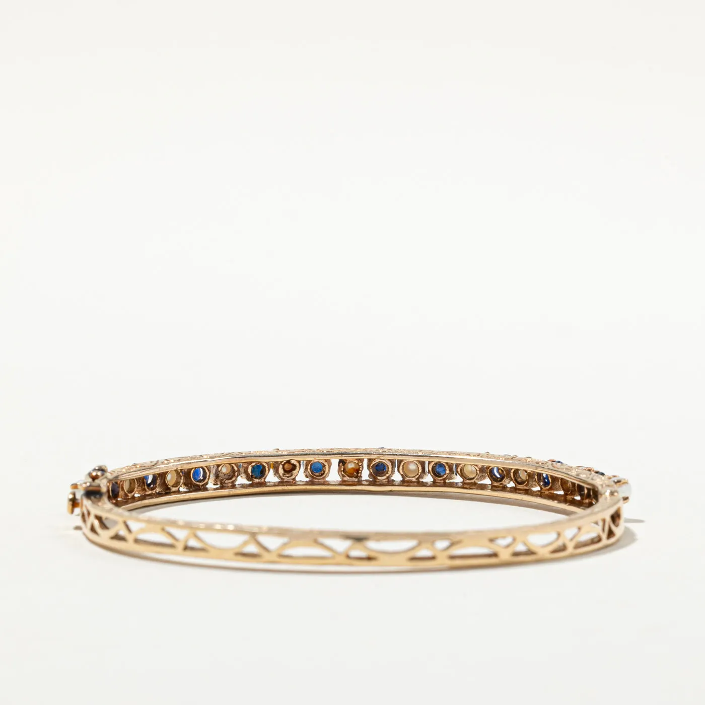 Vintage Blue Sapphire & Pearl Bangle Bracelet | 1.94ctw, 3.00-3.50mm |