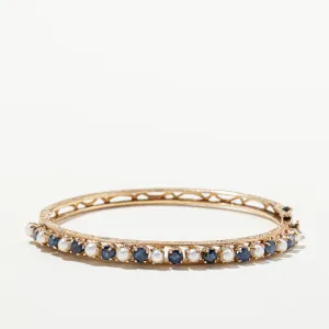 Vintage Blue Sapphire & Pearl Bangle Bracelet | 1.94ctw, 3.00-3.50mm |