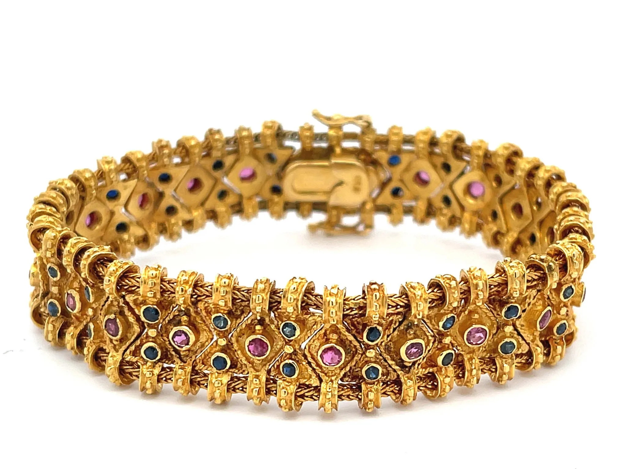Vintage Egyptian Ruby Sapphire Wide Quilted Link Bracelet in 18k Yellow Gold