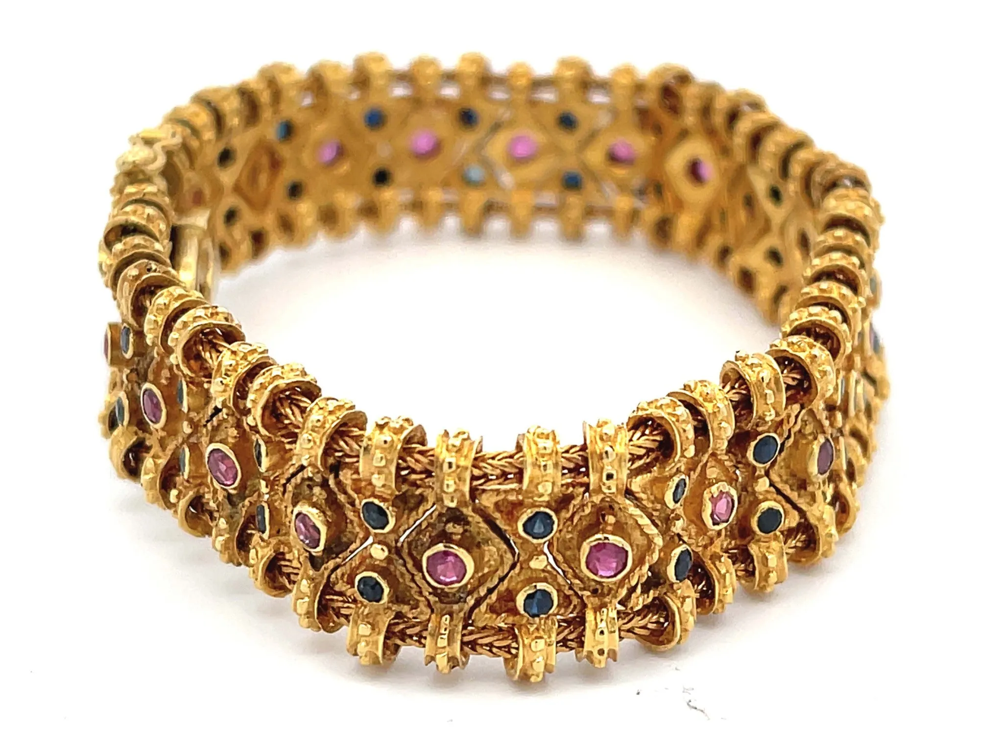 Vintage Egyptian Ruby Sapphire Wide Quilted Link Bracelet in 18k Yellow Gold