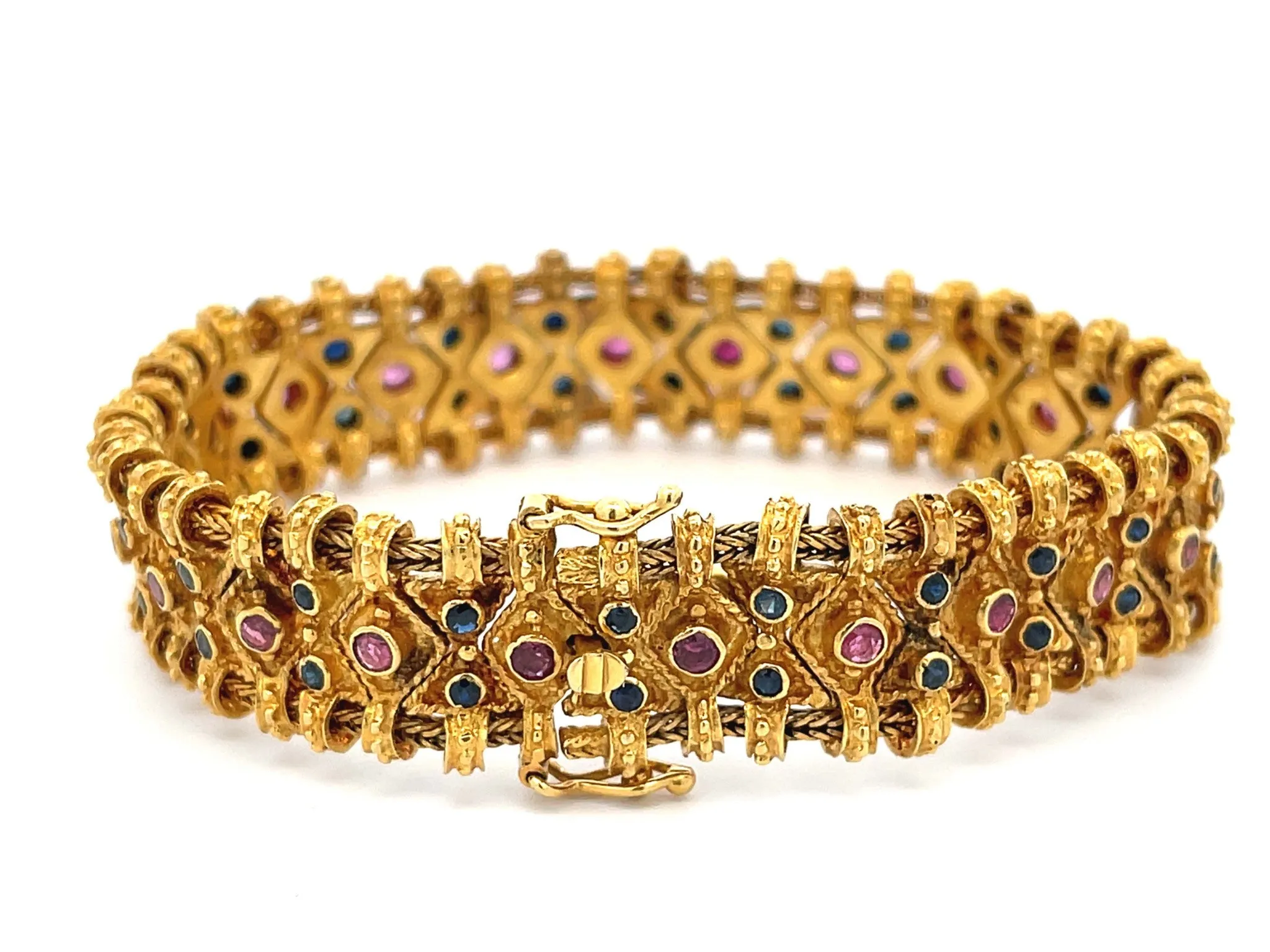Vintage Egyptian Ruby Sapphire Wide Quilted Link Bracelet in 18k Yellow Gold
