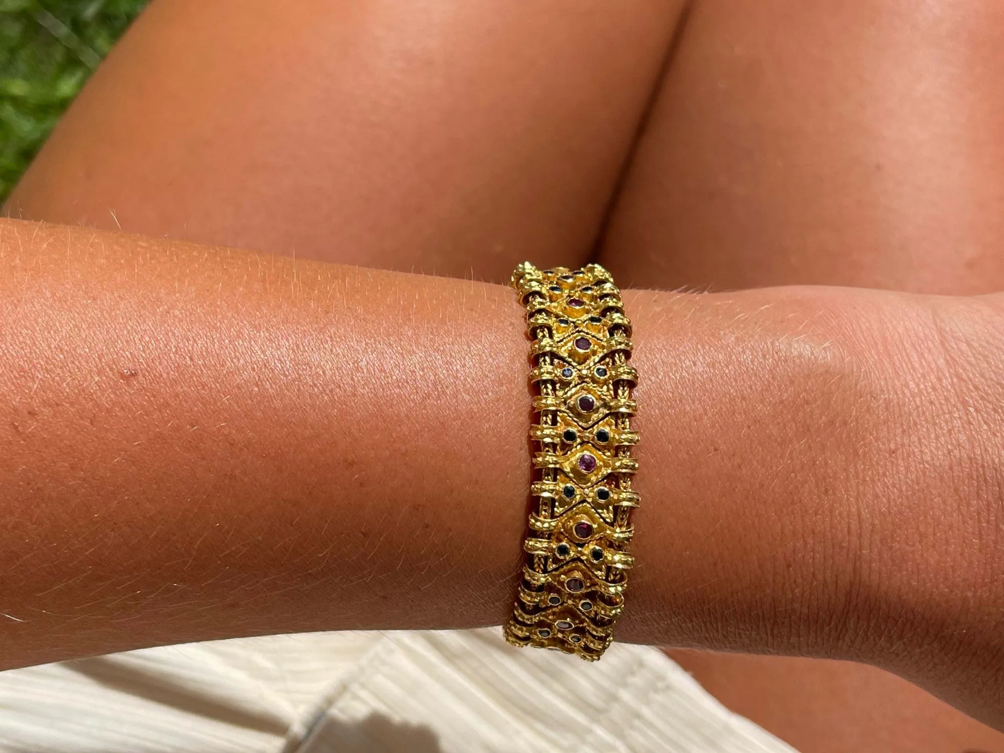 Vintage Egyptian Ruby Sapphire Wide Quilted Link Bracelet in 18k Yellow Gold