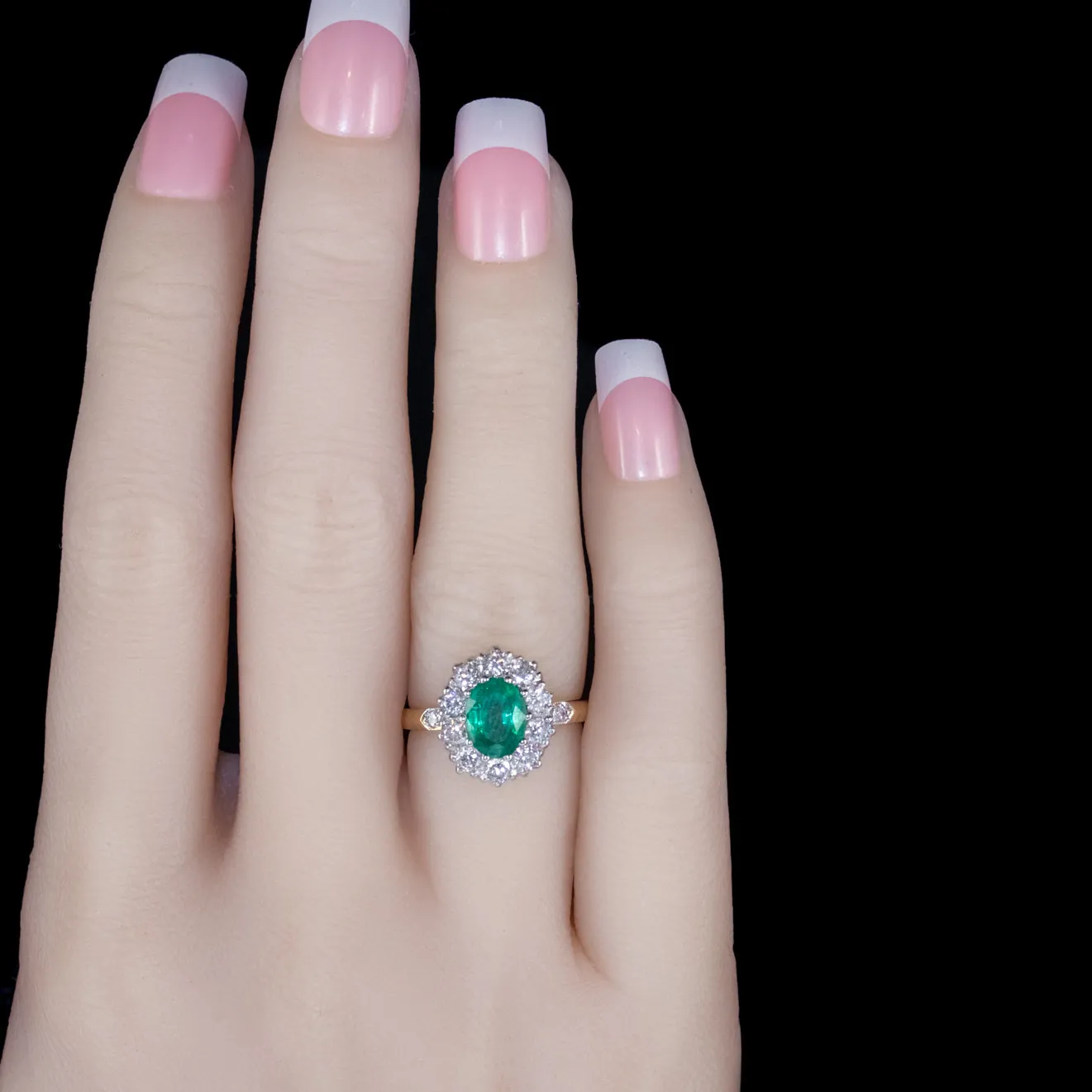 Vintage Emerald Diamond Cluster Ring 18Ct Gold Platinum Circa 1930