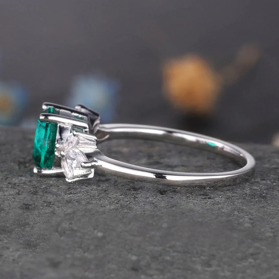 Vintage Emerald Diamond Engagement Ring Round Cut Diamond Promise Ring