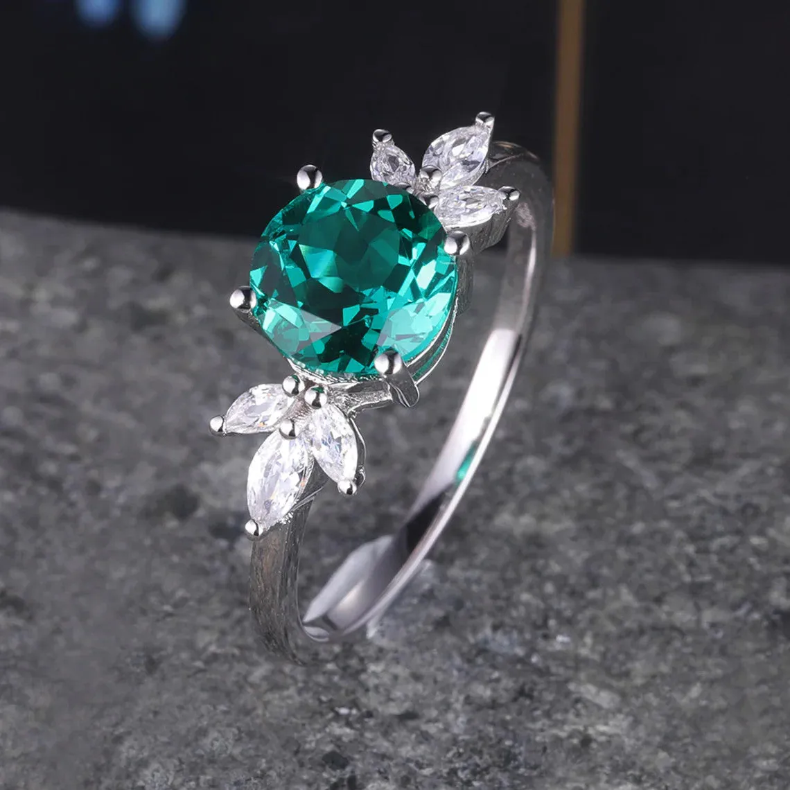 Vintage Emerald Diamond Engagement Ring Round Cut Diamond Promise Ring
