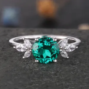 Vintage Emerald Diamond Engagement Ring Round Cut Diamond Promise Ring