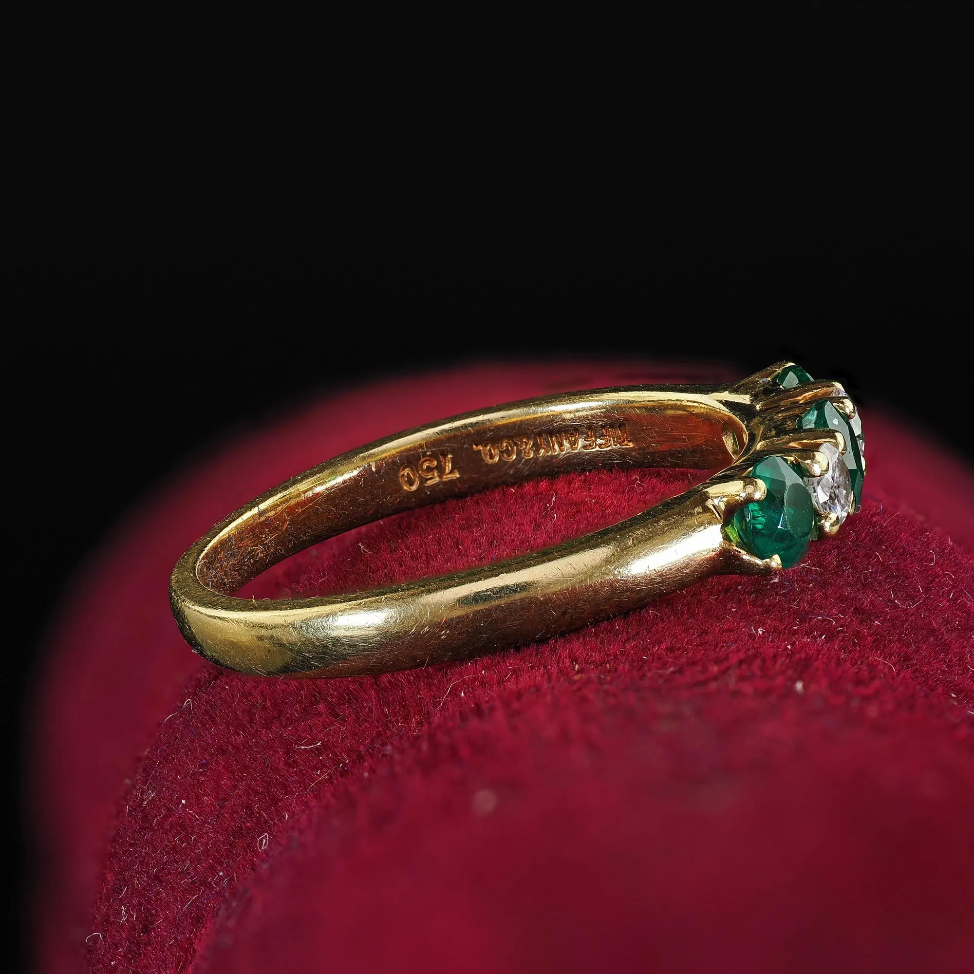 Vintage Estate Tiffany and Co 18K Yellow Gold Diamond and Emerald Band Ring