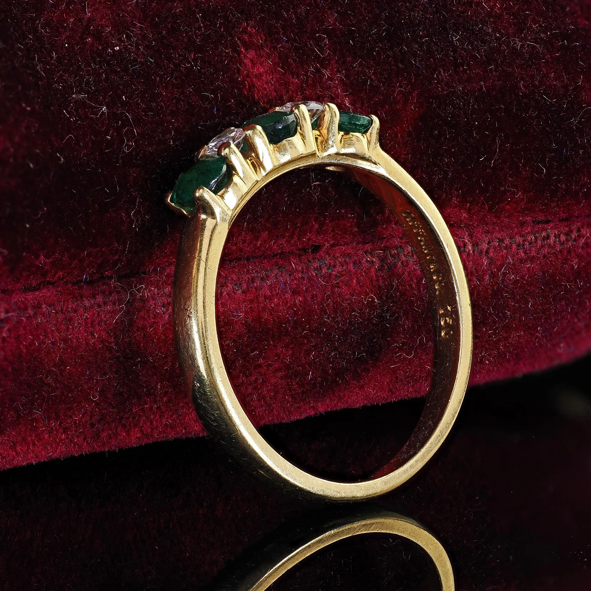 Vintage Estate Tiffany and Co 18K Yellow Gold Diamond and Emerald Band Ring