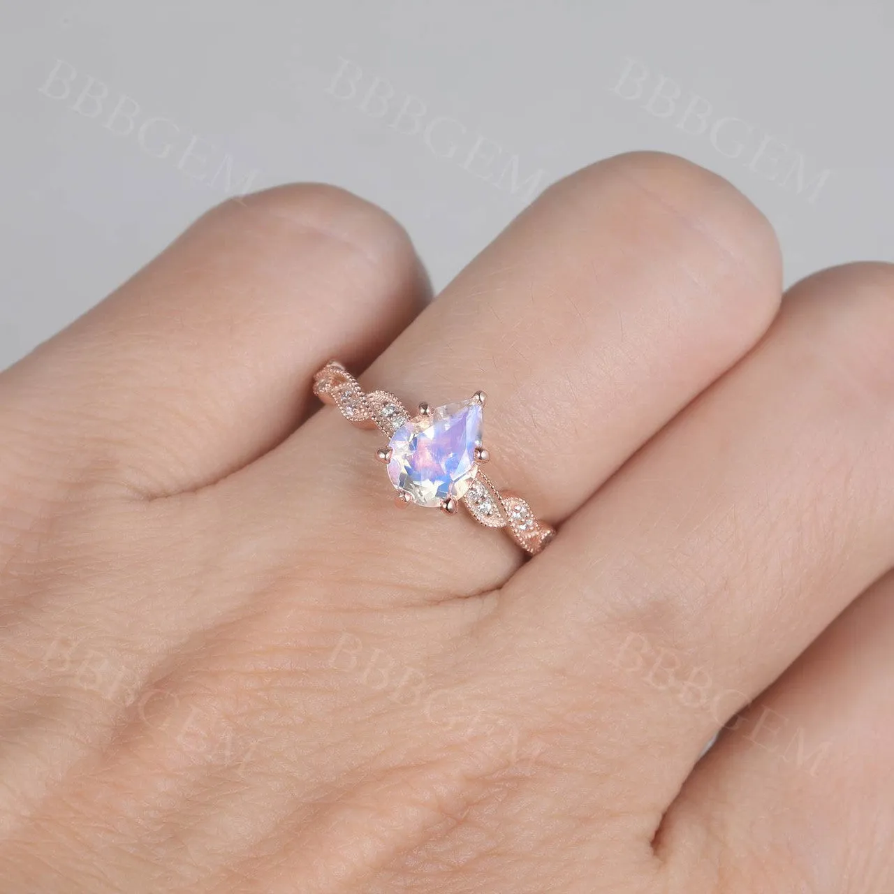 Vintage Floral Moonstone Engagement Ring Rose Gold Milgrain Diamond Wedding Band