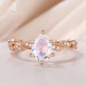 Vintage Floral Moonstone Engagement Ring Rose Gold Milgrain Diamond Wedding Band