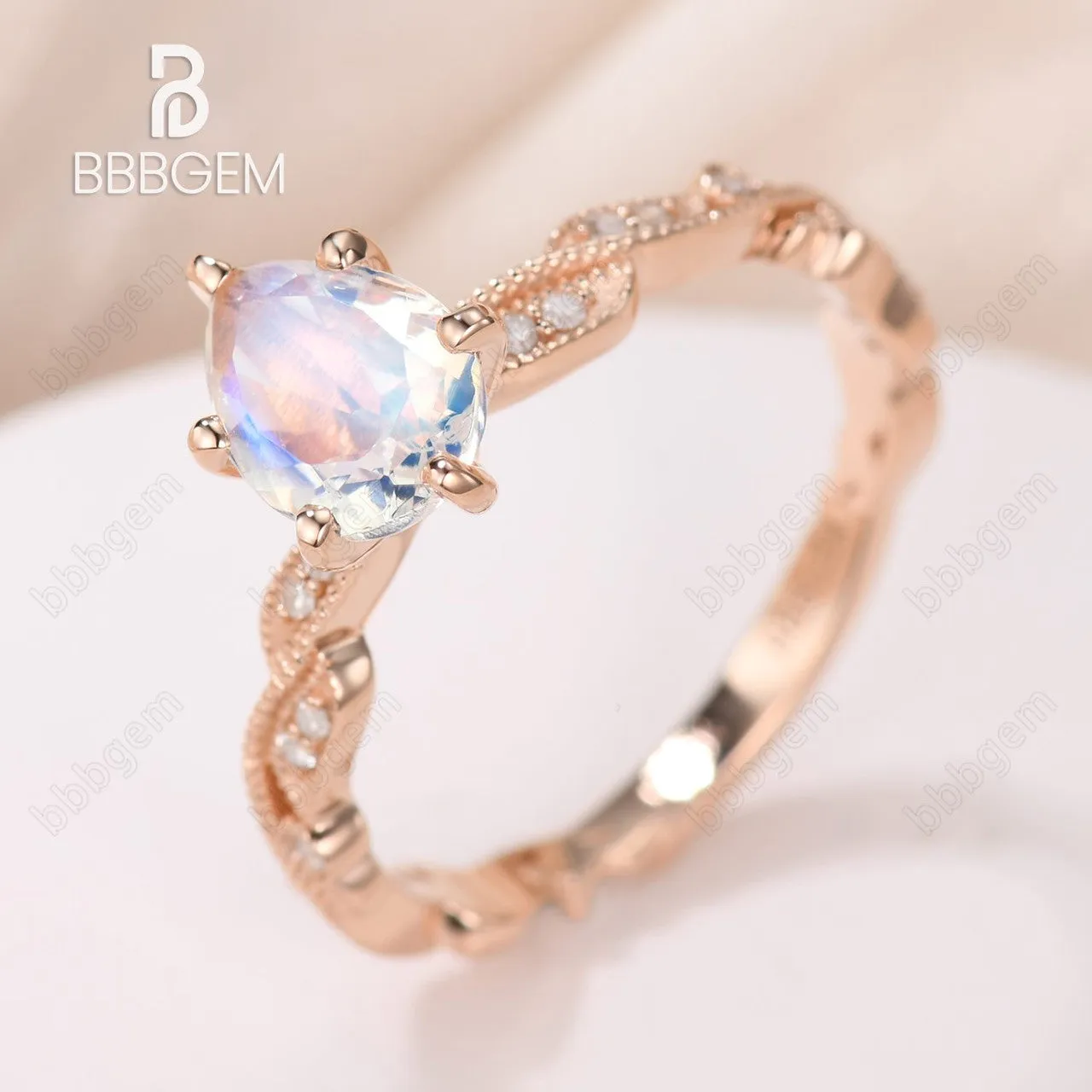 Vintage Floral Moonstone Engagement Ring Rose Gold Milgrain Diamond Wedding Band