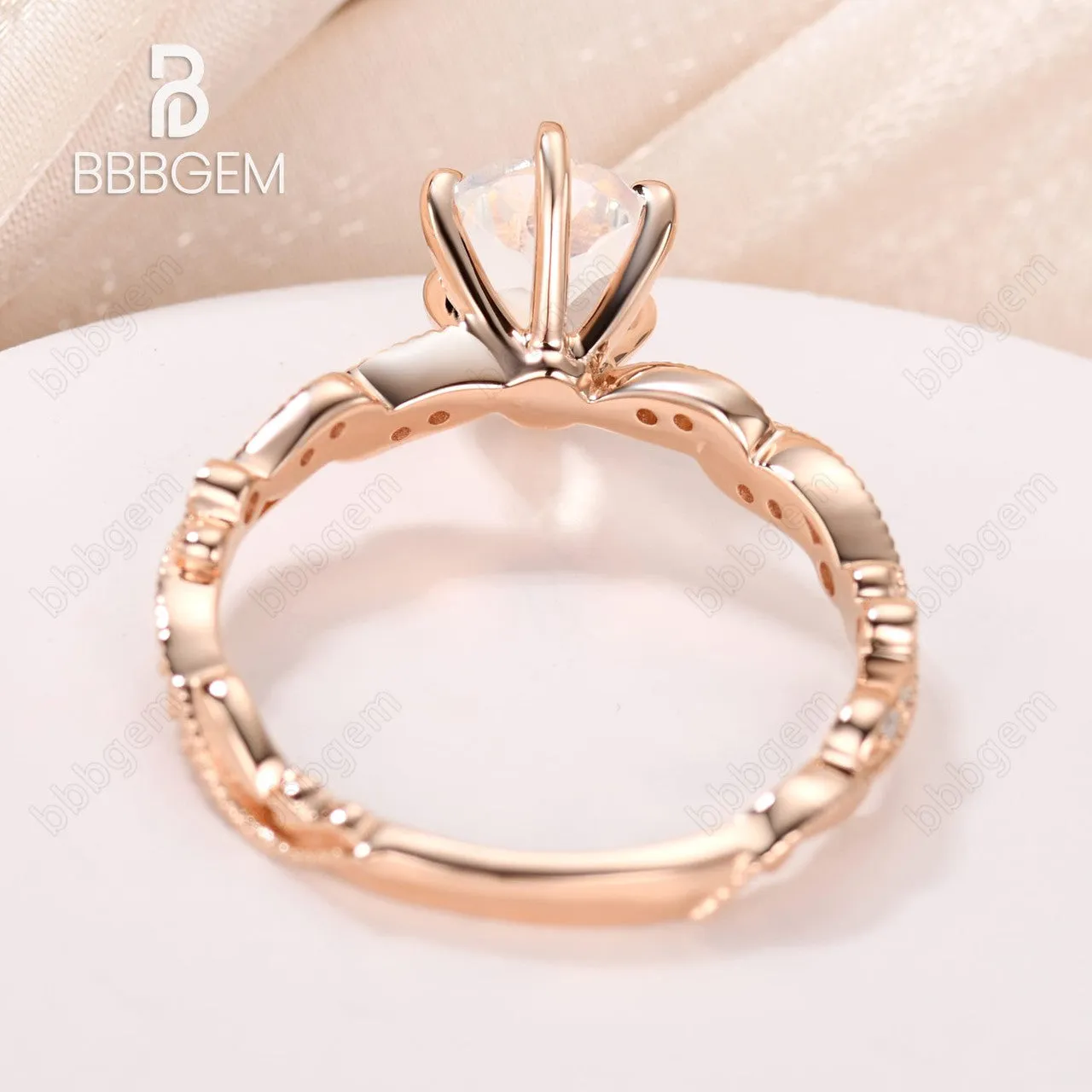 Vintage Floral Moonstone Engagement Ring Rose Gold Milgrain Diamond Wedding Band