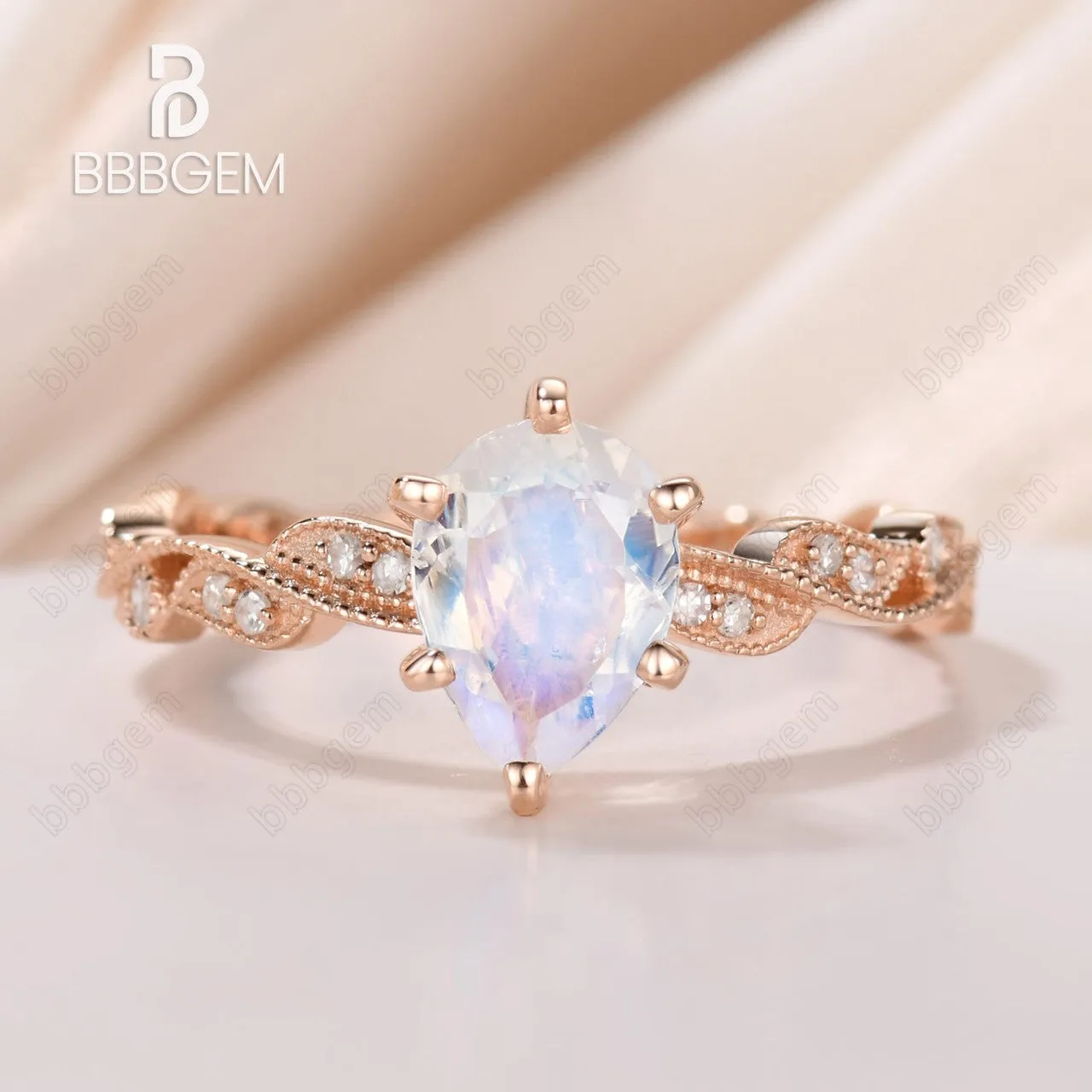 Vintage Floral Moonstone Engagement Ring Rose Gold Milgrain Diamond Wedding Band
