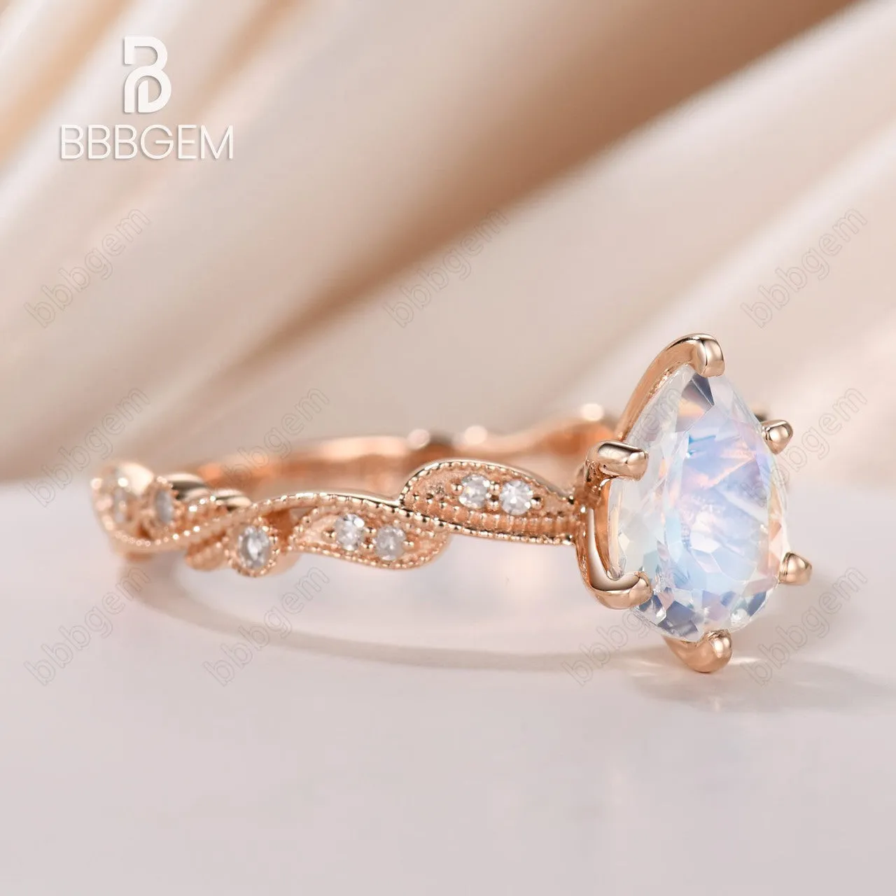 Vintage Floral Moonstone Engagement Ring Rose Gold Milgrain Diamond Wedding Band