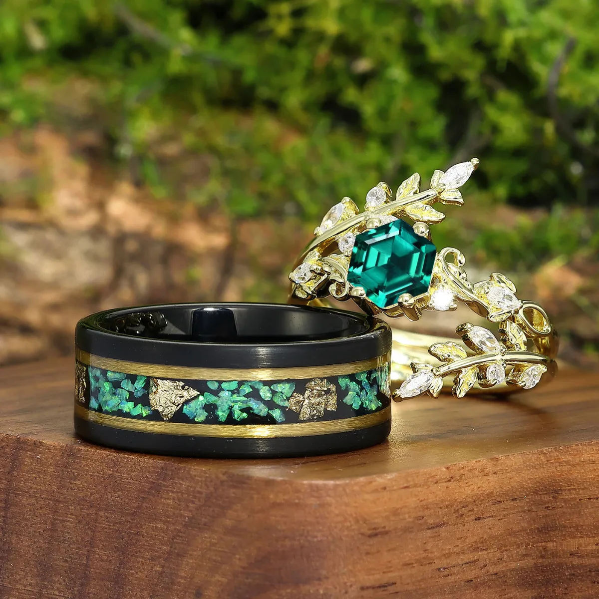 Vintage Foliage Green Emerald Engagement Couple Rings Set Promise Matching Wedding Bands For Women And Mens