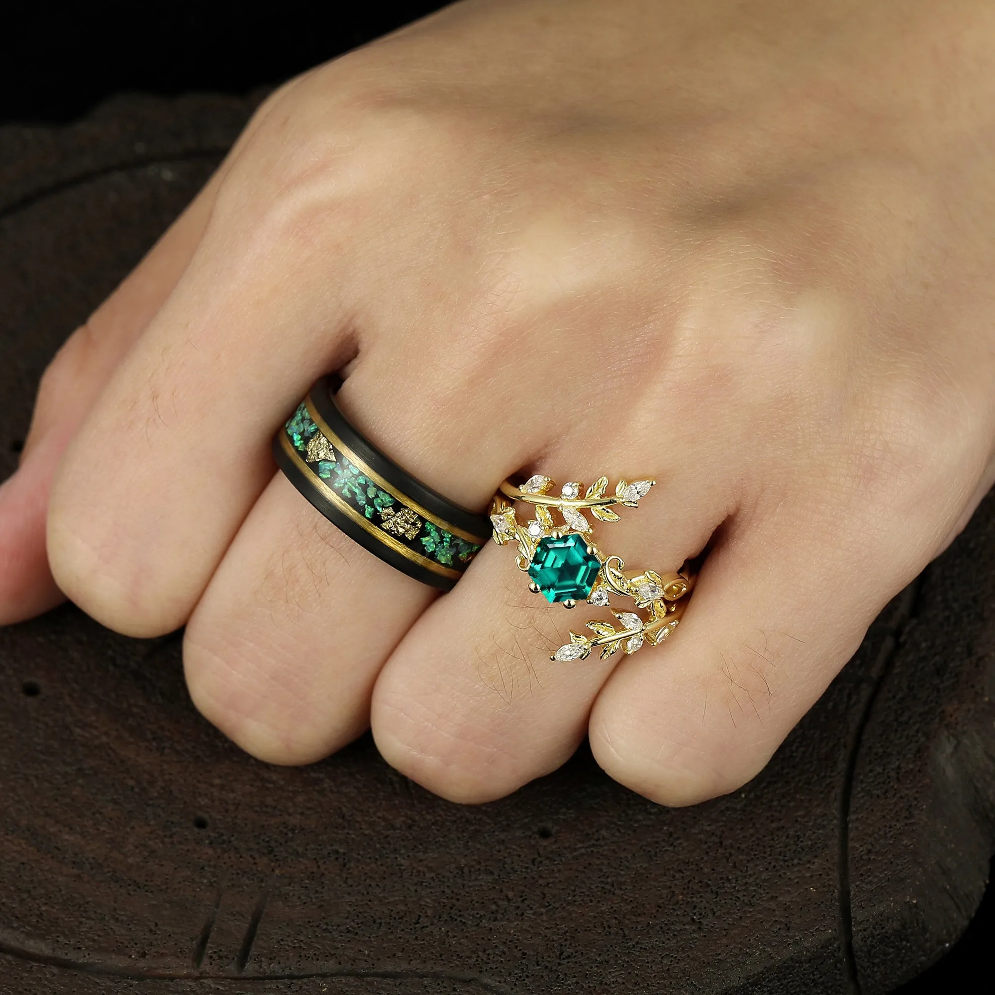 Vintage Foliage Green Emerald Engagement Couple Rings Set Promise Matching Wedding Bands For Women And Mens