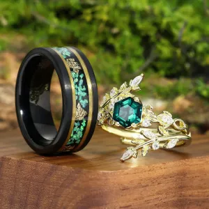 Vintage Foliage Green Emerald Engagement Couple Rings Set Promise Matching Wedding Bands For Women And Mens