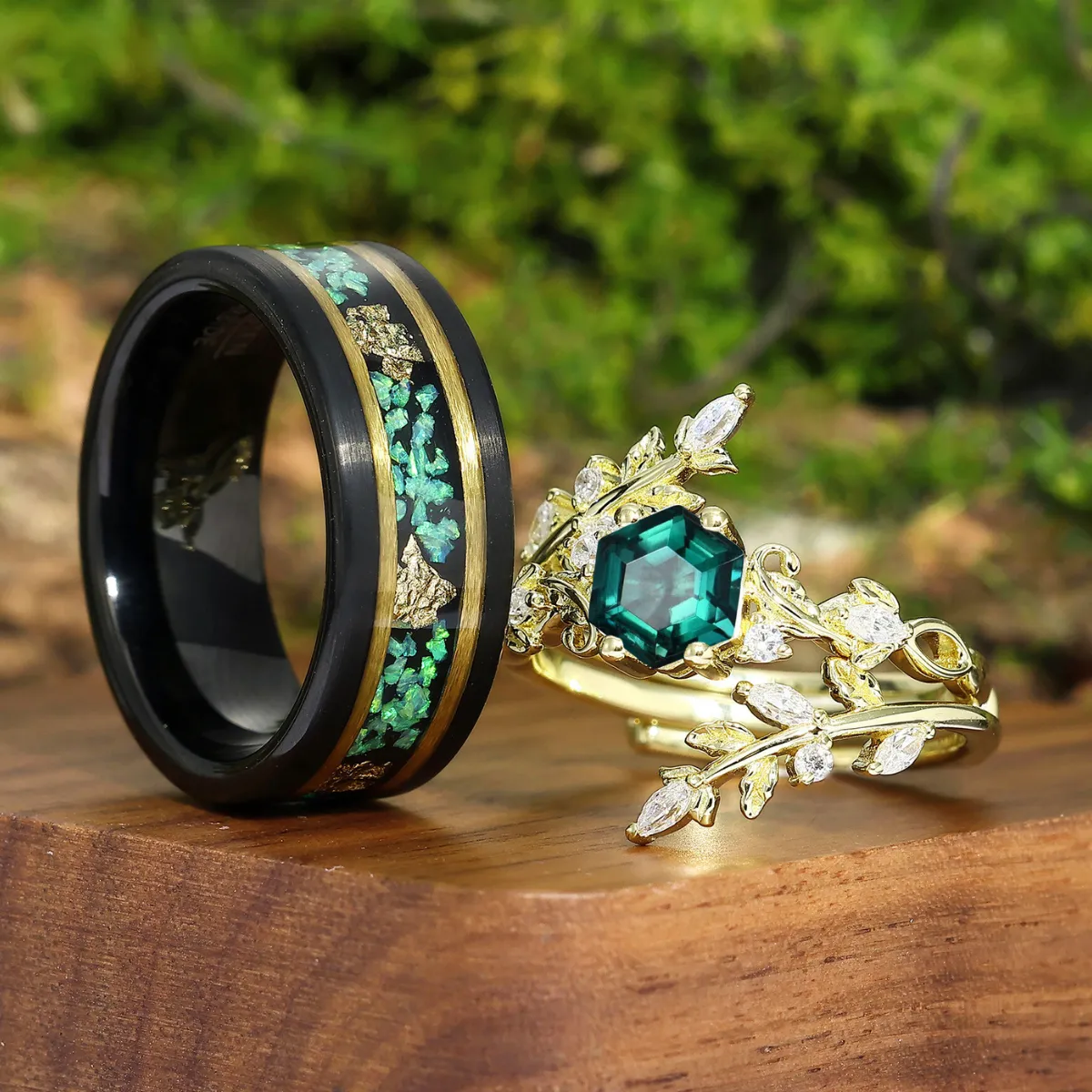 Vintage Foliage Green Emerald Engagement Couple Rings Set Promise Matching Wedding Bands For Women And Mens