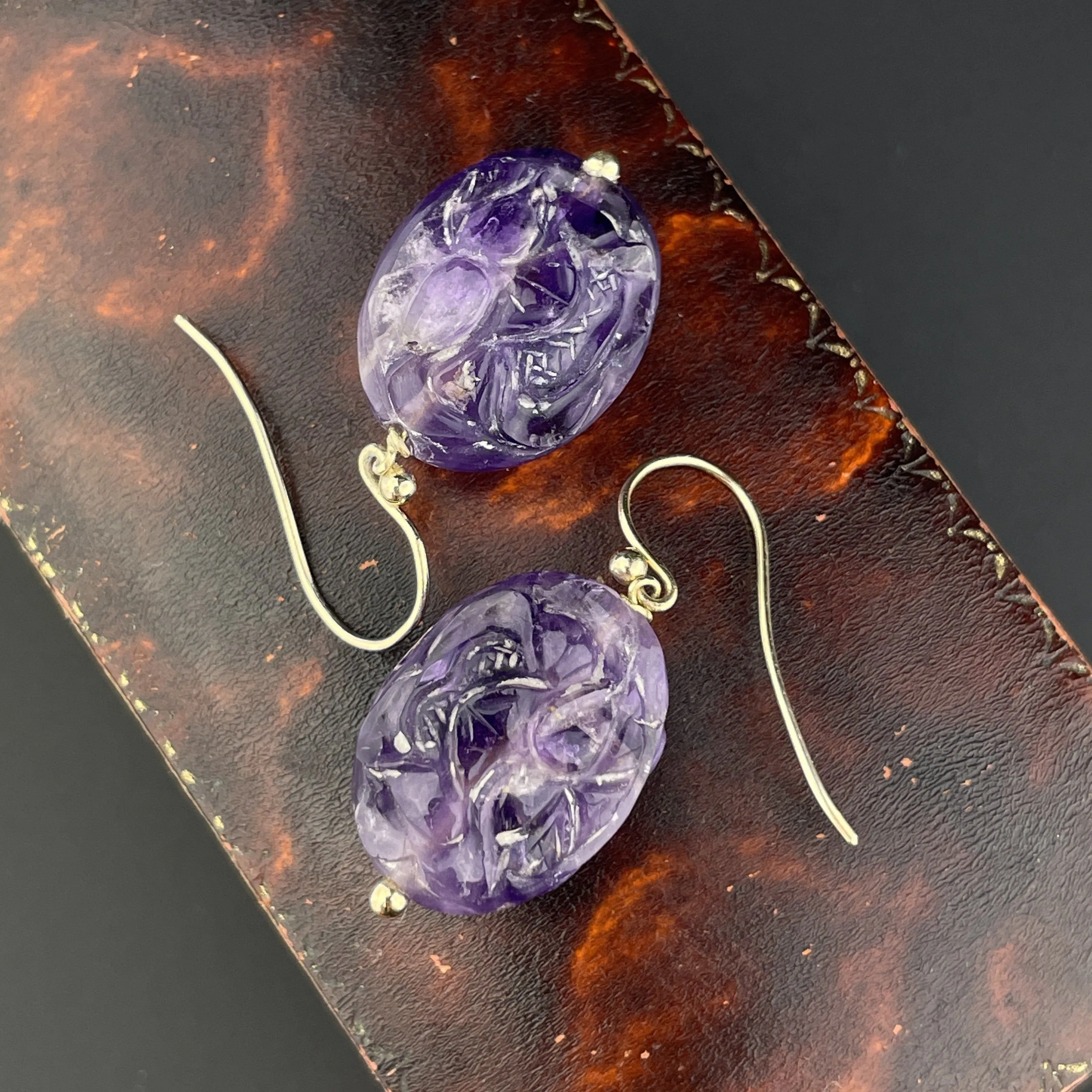 Vintage Gold Carved Natural Amethyst Earrings