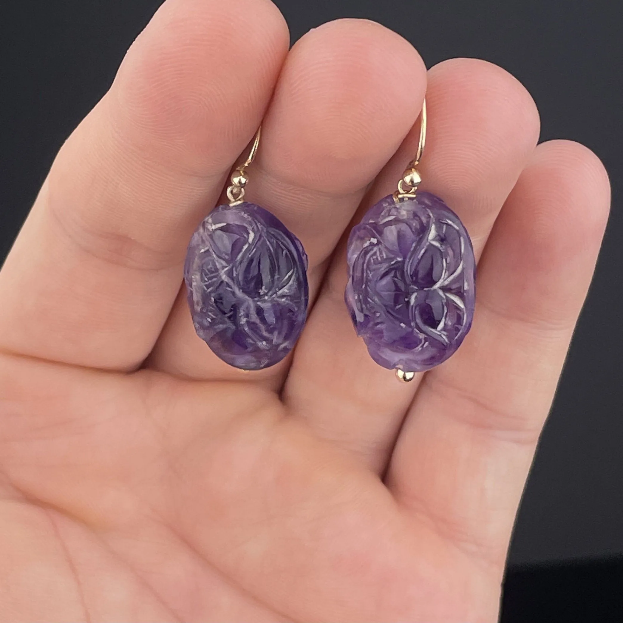 Vintage Gold Carved Natural Amethyst Earrings