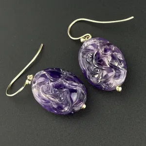 Vintage Gold Carved Natural Amethyst Earrings