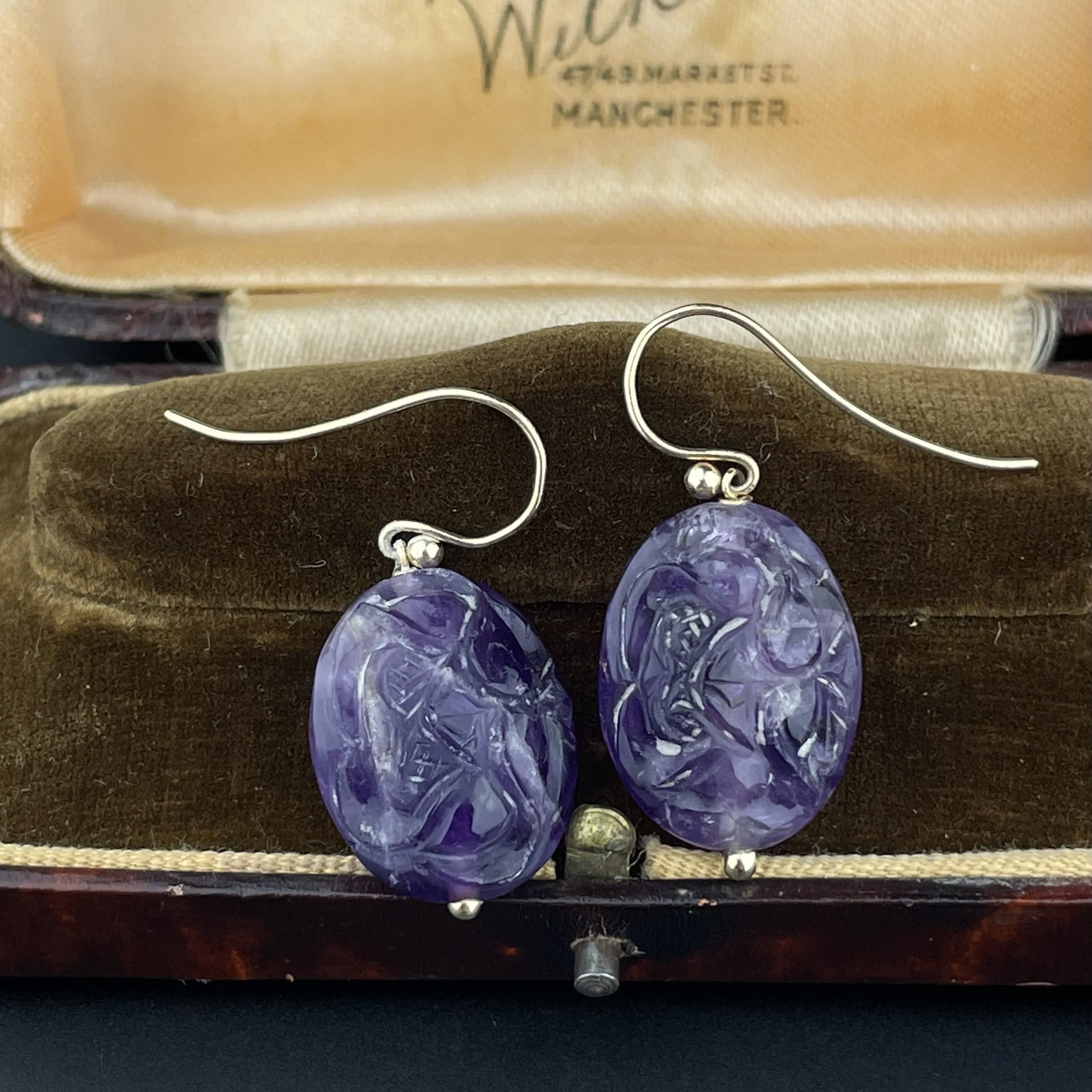 Vintage Gold Carved Natural Amethyst Earrings