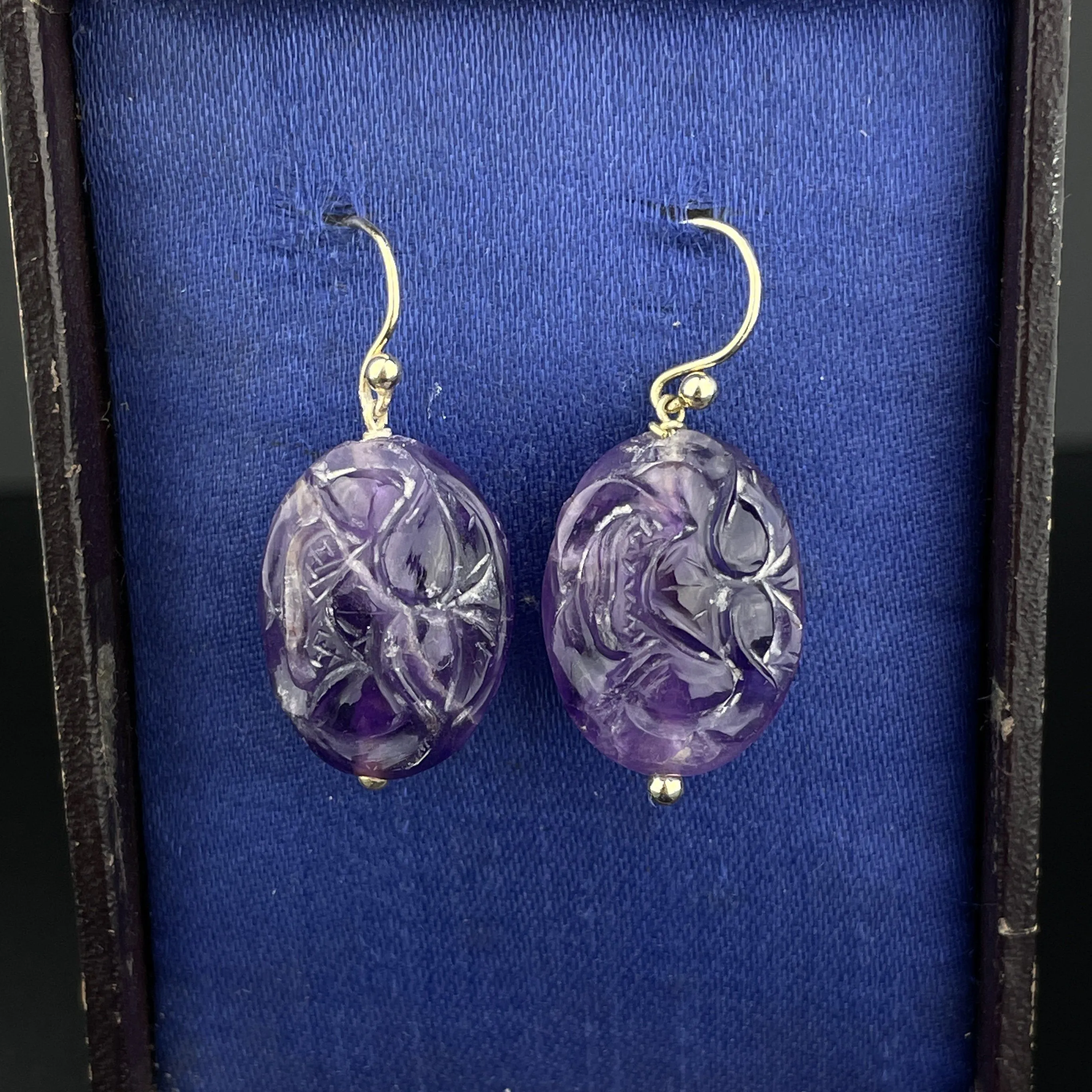 Vintage Gold Carved Natural Amethyst Earrings