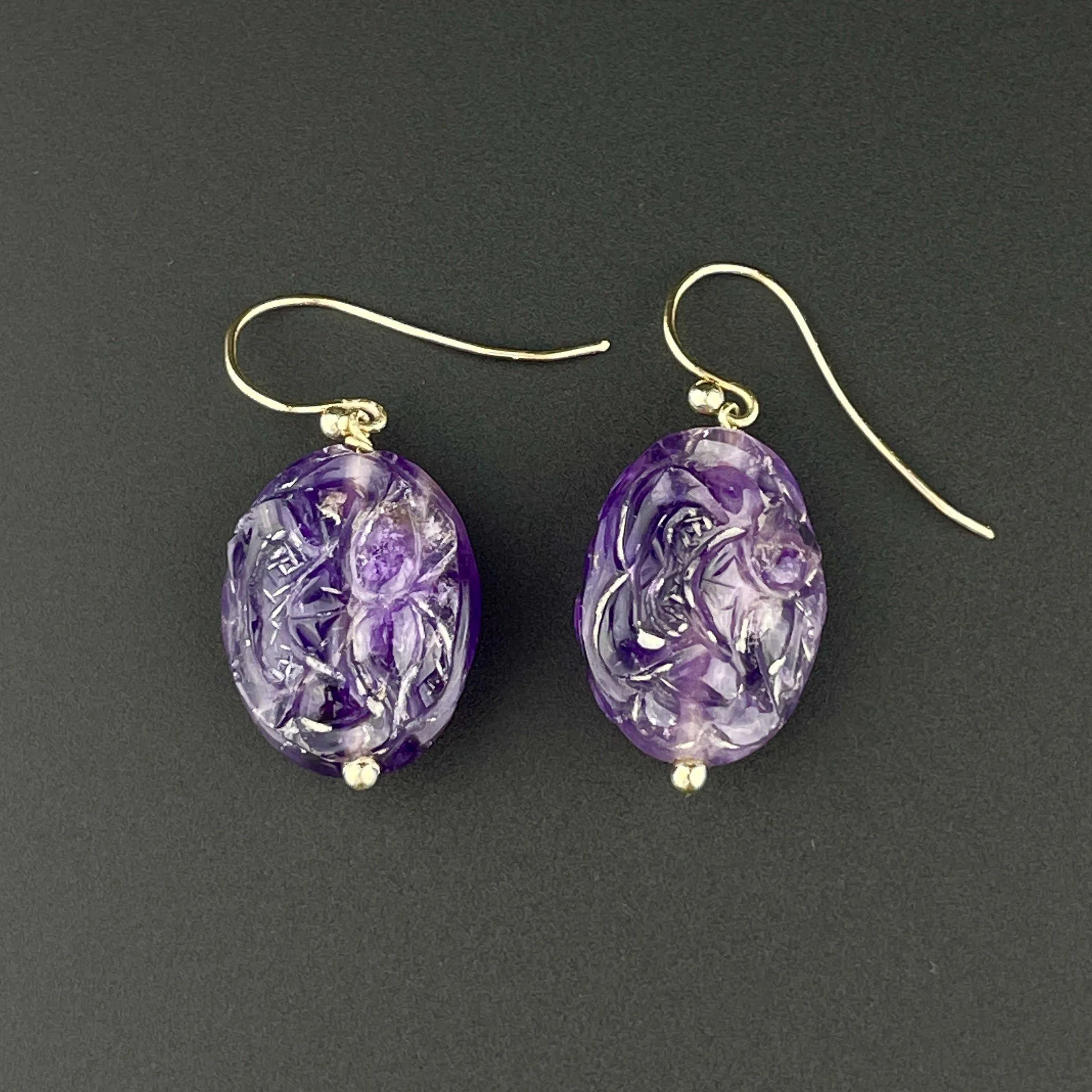 Vintage Gold Carved Natural Amethyst Earrings