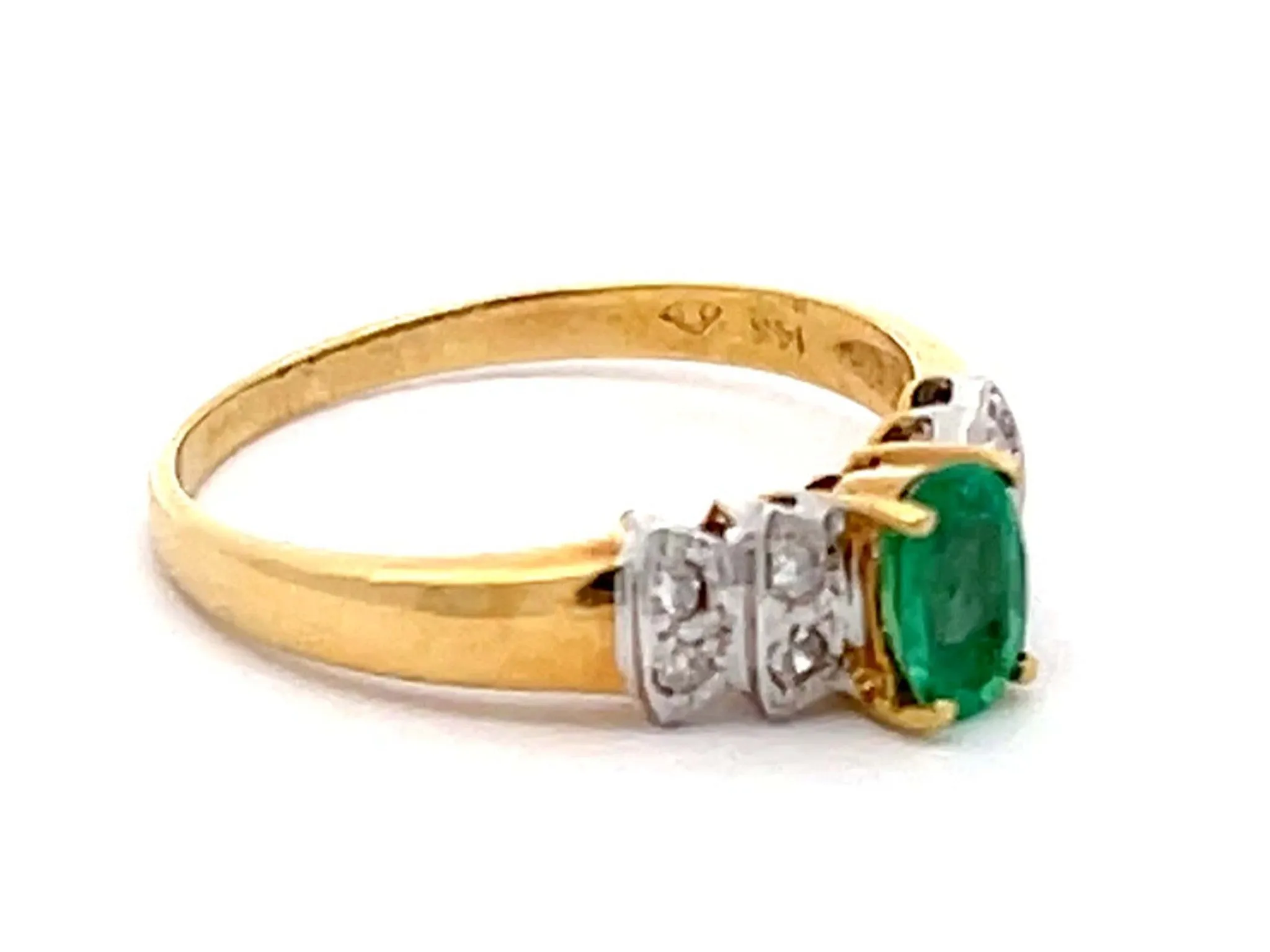 Vintage Green Oval Emerald and Diamond Ring in 14k Yellow Gold