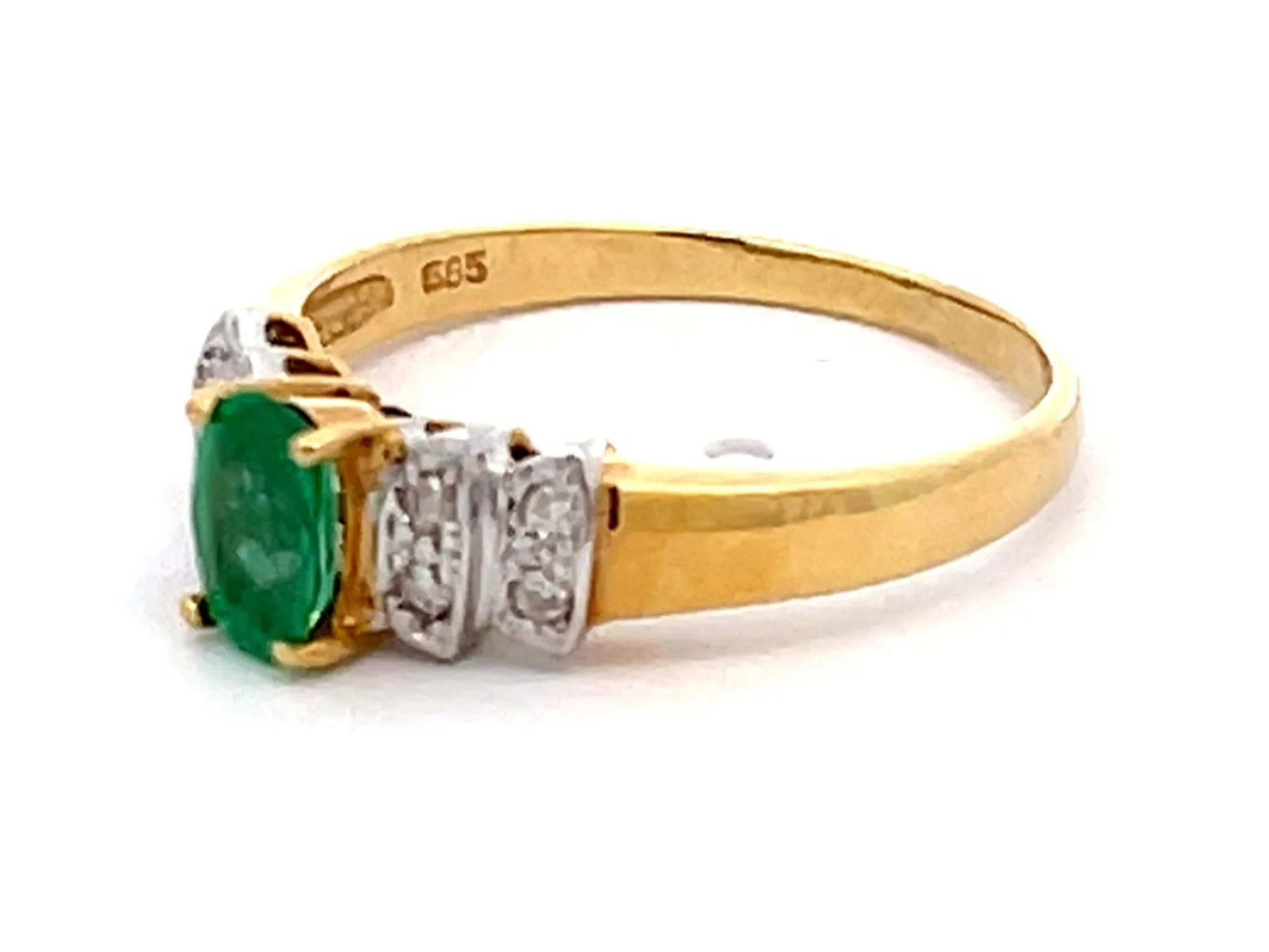 Vintage Green Oval Emerald and Diamond Ring in 14k Yellow Gold