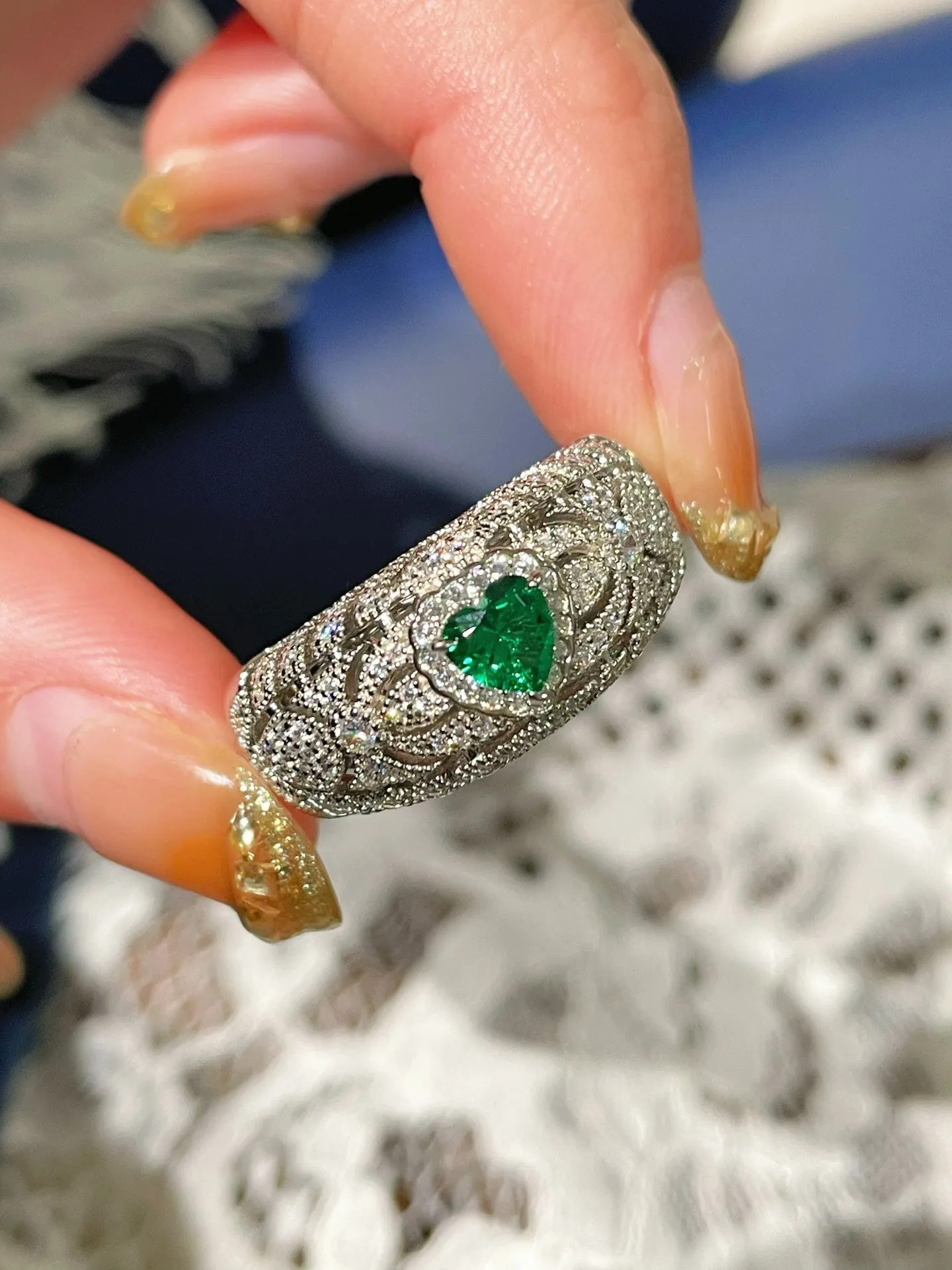 Vintage Heart-Shaped Emerald and Diamond Ring