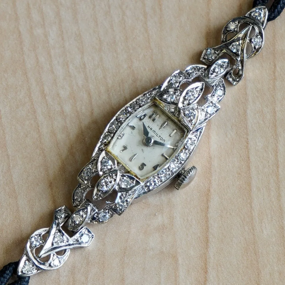 Vintage Ladies HAMILTON Cocktail Watch 22 Jewels Grade 757 Fancy White Gold and Diamond Case Wristwatch