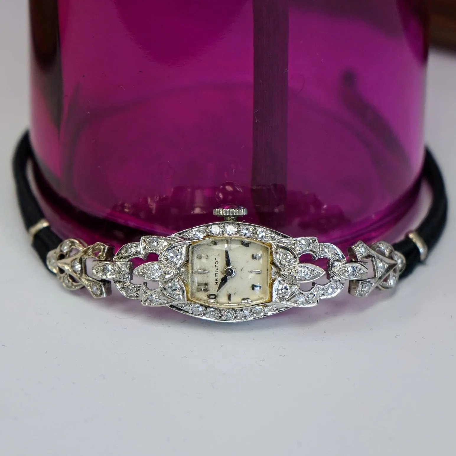 Vintage Ladies HAMILTON Cocktail Watch 22 Jewels Grade 757 Fancy White Gold and Diamond Case Wristwatch