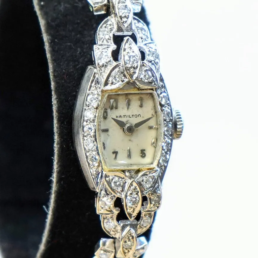 Vintage Ladies HAMILTON Cocktail Watch 22 Jewels Grade 757 Fancy White Gold and Diamond Case Wristwatch