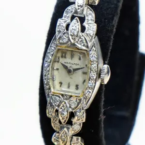 Vintage Ladies HAMILTON Cocktail Watch 22 Jewels Grade 757 Fancy White Gold and Diamond Case Wristwatch