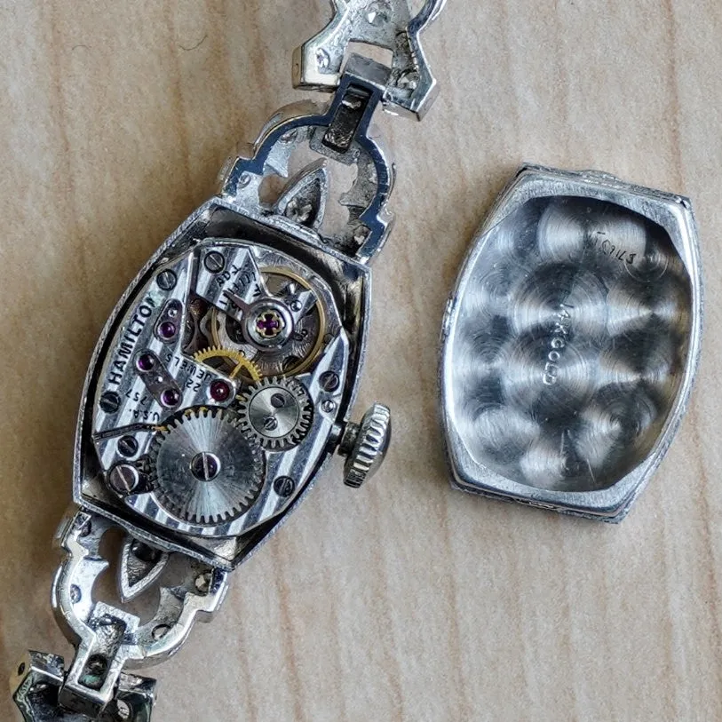 Vintage Ladies HAMILTON Cocktail Watch 22 Jewels Grade 757 Fancy White Gold and Diamond Case Wristwatch