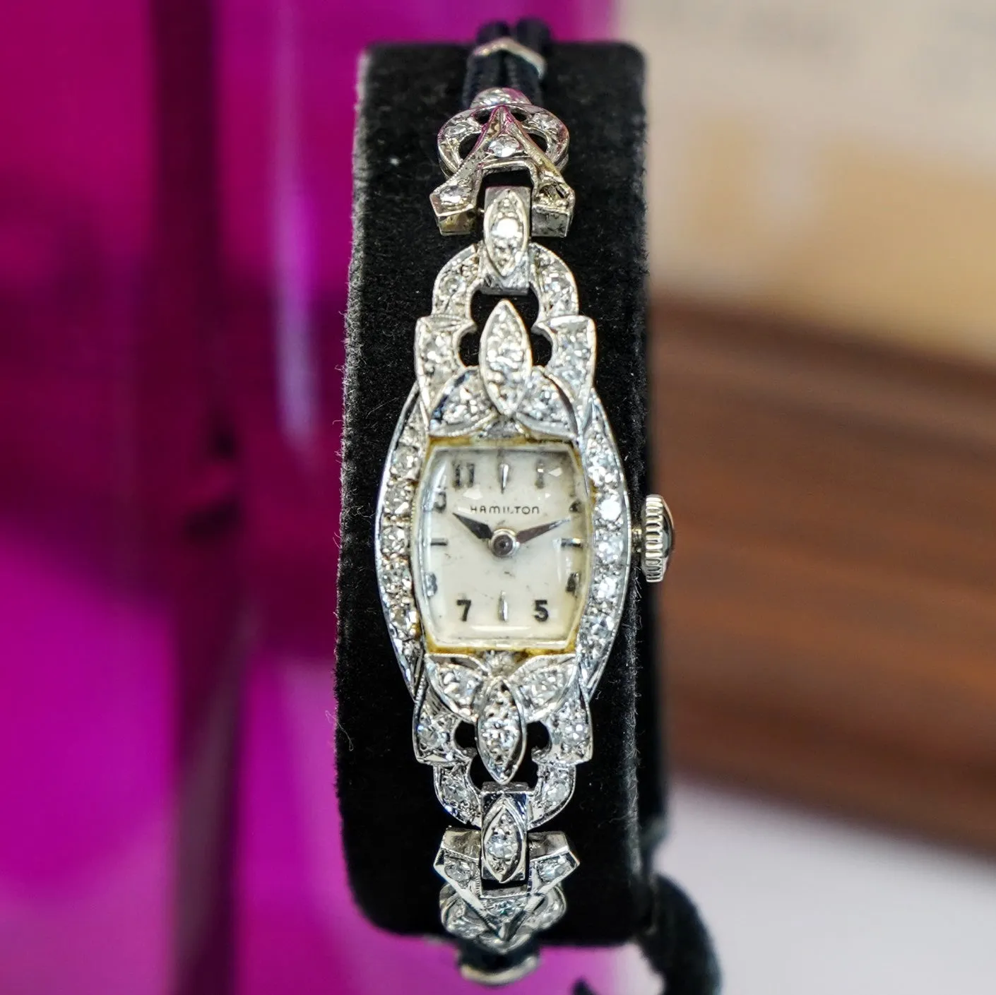 Vintage Ladies HAMILTON Cocktail Watch 22 Jewels Grade 757 Fancy White Gold and Diamond Case Wristwatch