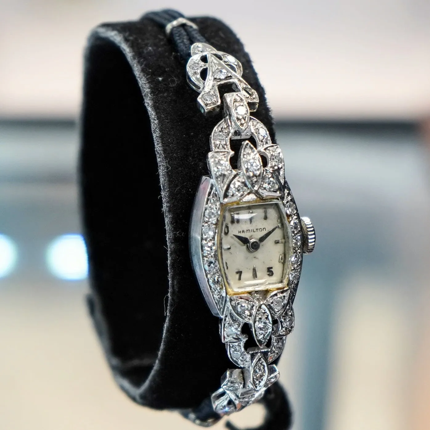 Vintage Ladies HAMILTON Cocktail Watch 22 Jewels Grade 757 Fancy White Gold and Diamond Case Wristwatch