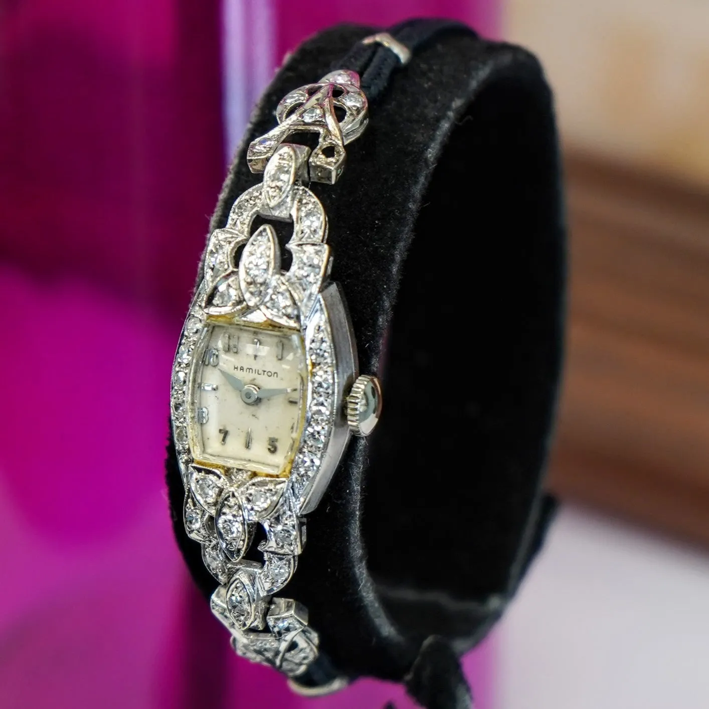 Vintage Ladies HAMILTON Cocktail Watch 22 Jewels Grade 757 Fancy White Gold and Diamond Case Wristwatch