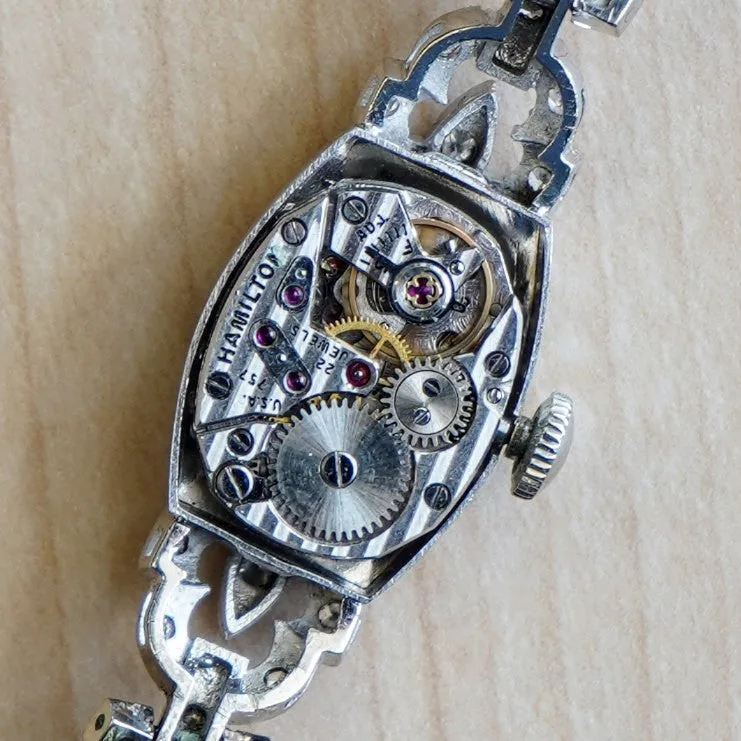 Vintage Ladies HAMILTON Cocktail Watch 22 Jewels Grade 757 Fancy White Gold and Diamond Case Wristwatch