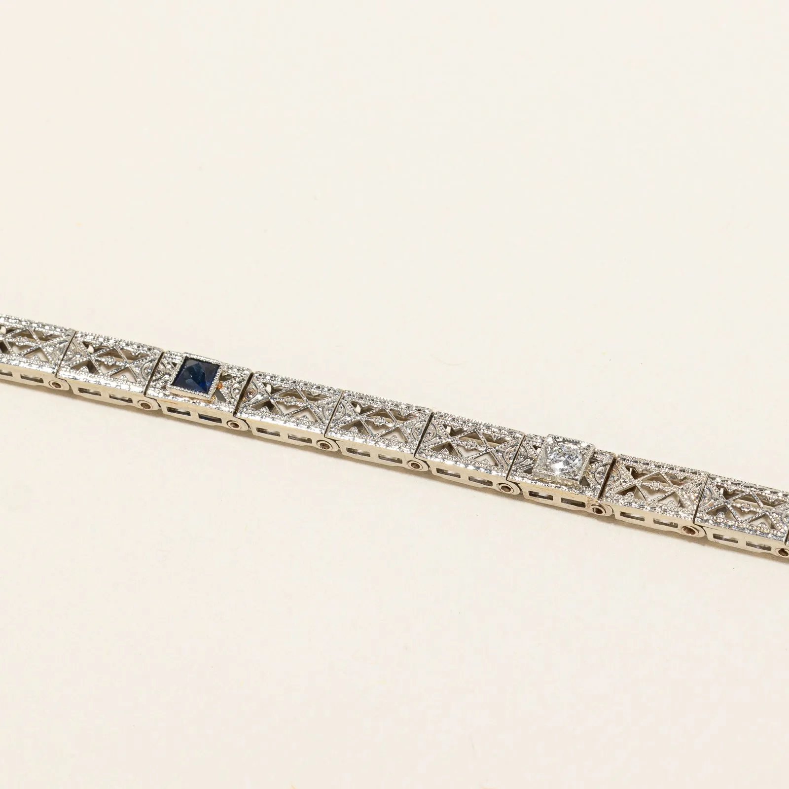 Vintage Natural Diamond & Synthetic Sapphire Line Bracelet | 0.08 ct, 0.16ctw | 7"