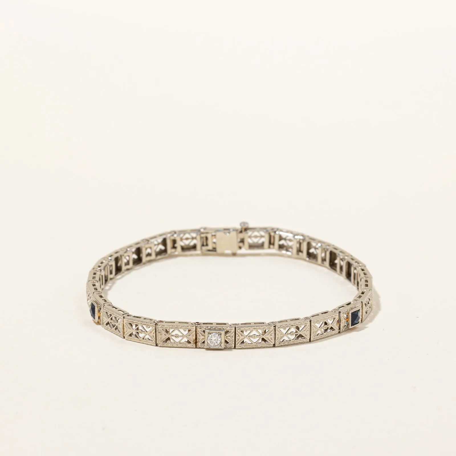 Vintage Natural Diamond & Synthetic Sapphire Line Bracelet | 0.08 ct, 0.16ctw | 7"