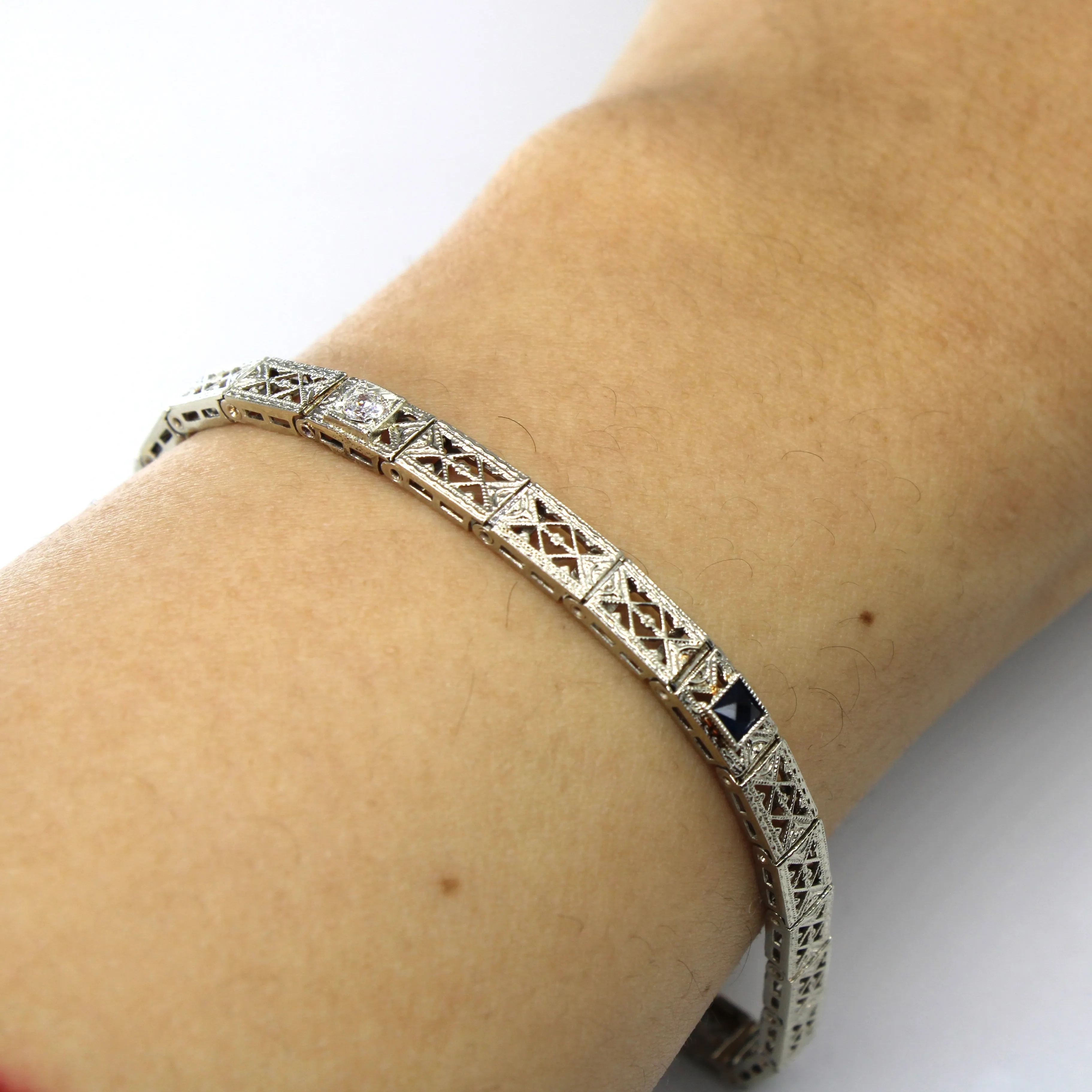 Vintage Natural Diamond & Synthetic Sapphire Line Bracelet | 0.08 ct, 0.16ctw | 7"