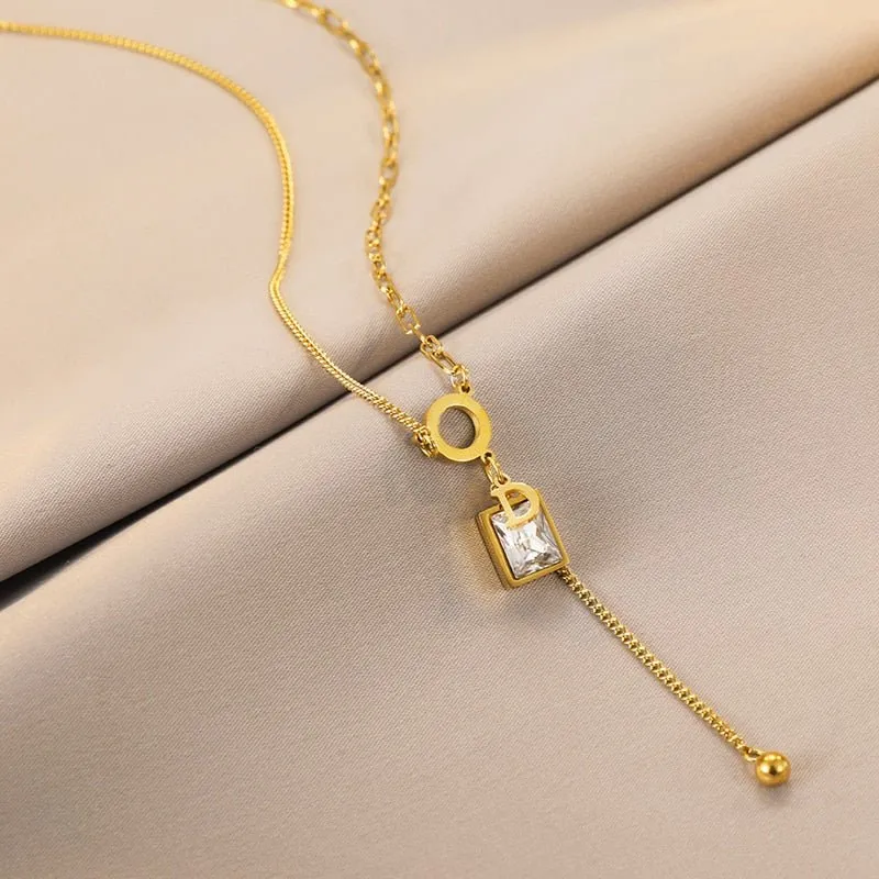 Vintage Square Emerald Pendant Necklace D Letter For Women Jewelry