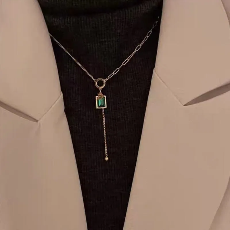Vintage Square Emerald Pendant Necklace D Letter For Women Jewelry