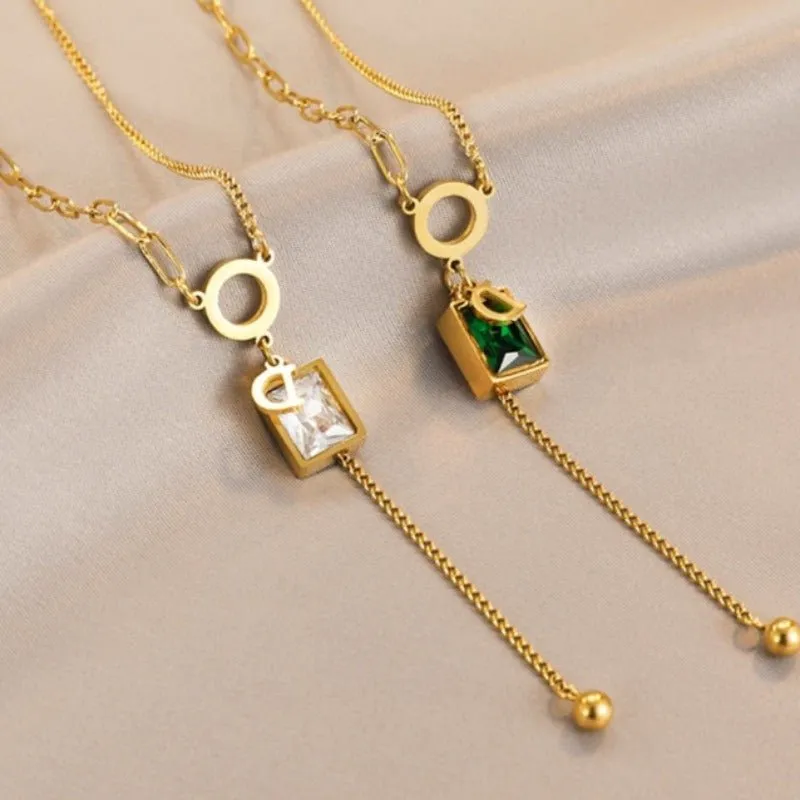 Vintage Square Emerald Pendant Necklace D Letter For Women Jewelry